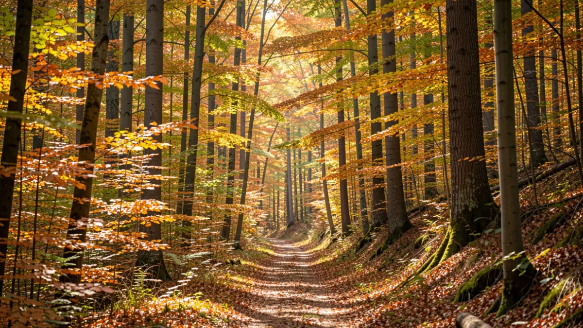 Autumn forest in Isère, with sunlight filtering through colorful leaves.