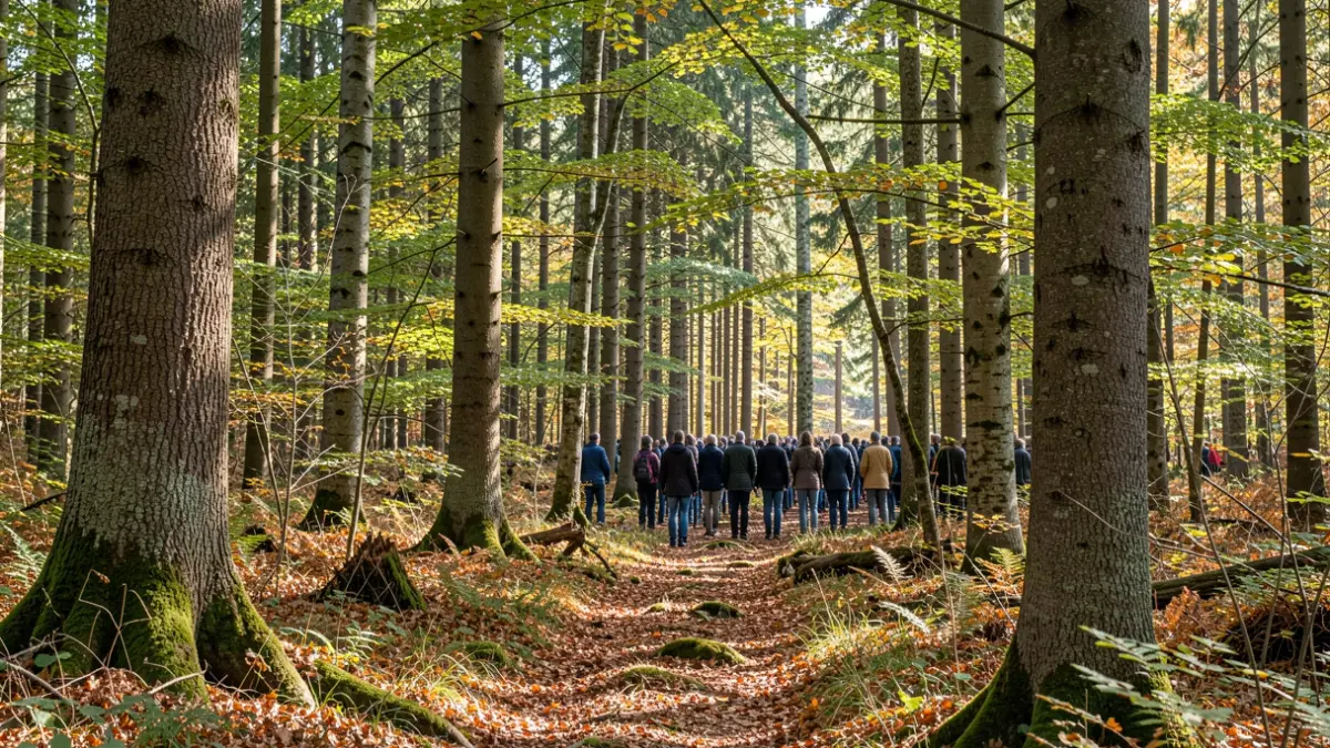 Generic image of the forest and local wood in Isère, with sunbeams filtering through the trees.