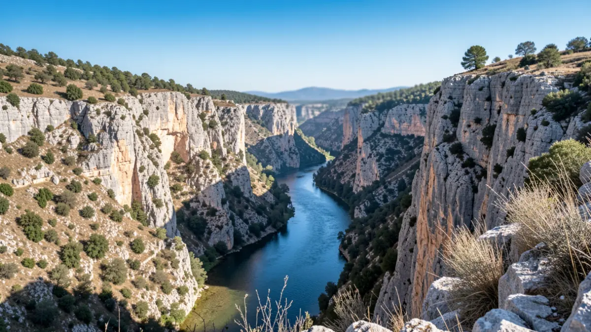 Generic image: a rocky canyon with a river flowing through it under a blue sky.