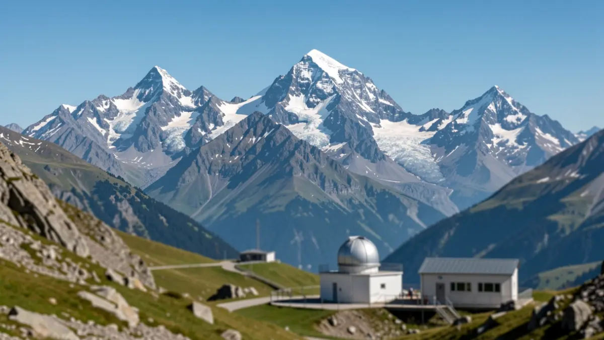 Generic image of snow-capped mountains under a blue sky, with a scientific research outpost in the foreground.