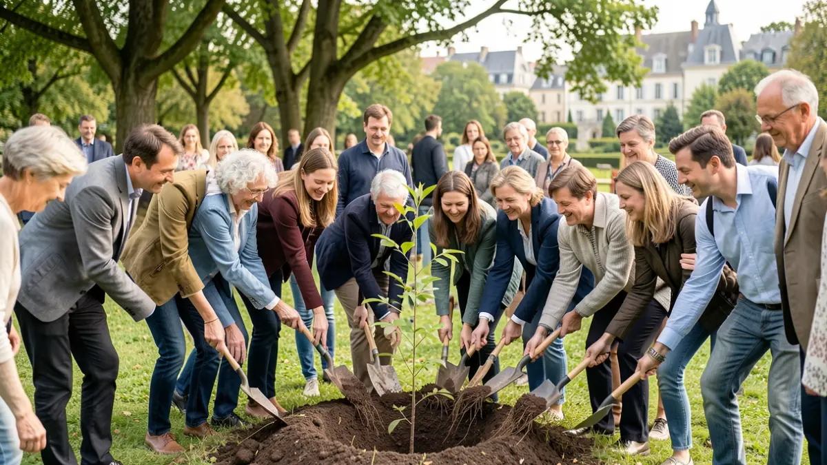 Generic image of a young tree being planted by people of different generations in a park.