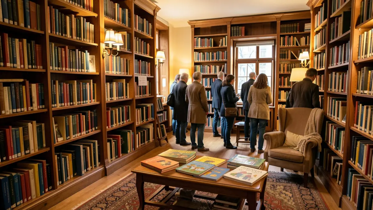 Generic image of a library reading room with bookshelves filled with books and a low table with children's books.