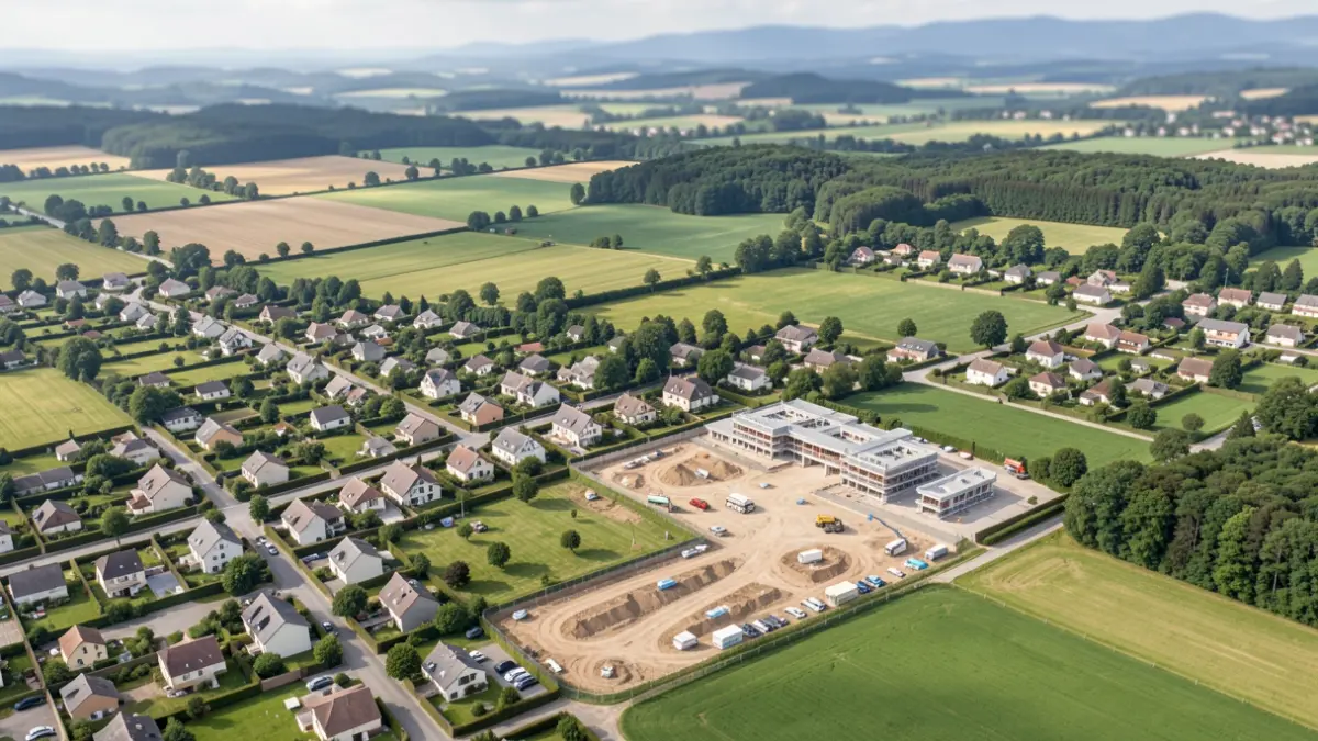 Aerial view of a French commune in the Auvergne-Rhône-Alpes region, showing a mix of residential areas, agricultural fields, and natural green spaces. A new construction site is visible. Soft, natural daylight.