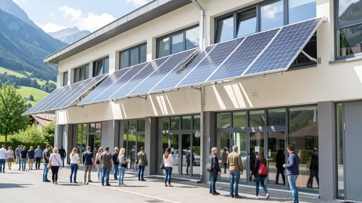 Bâtiment communal avec des brise-soleil solaires installés pour améliorer le confort thermique.