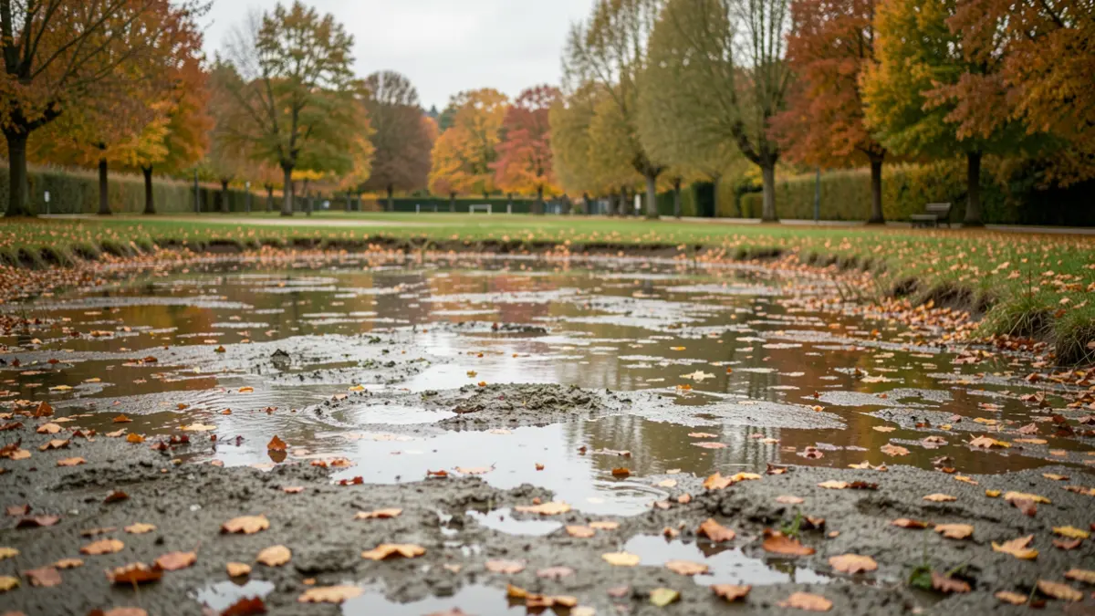 View of a drained pond in autumn within a landscape park, showing fallen leaves and an overcast sky.