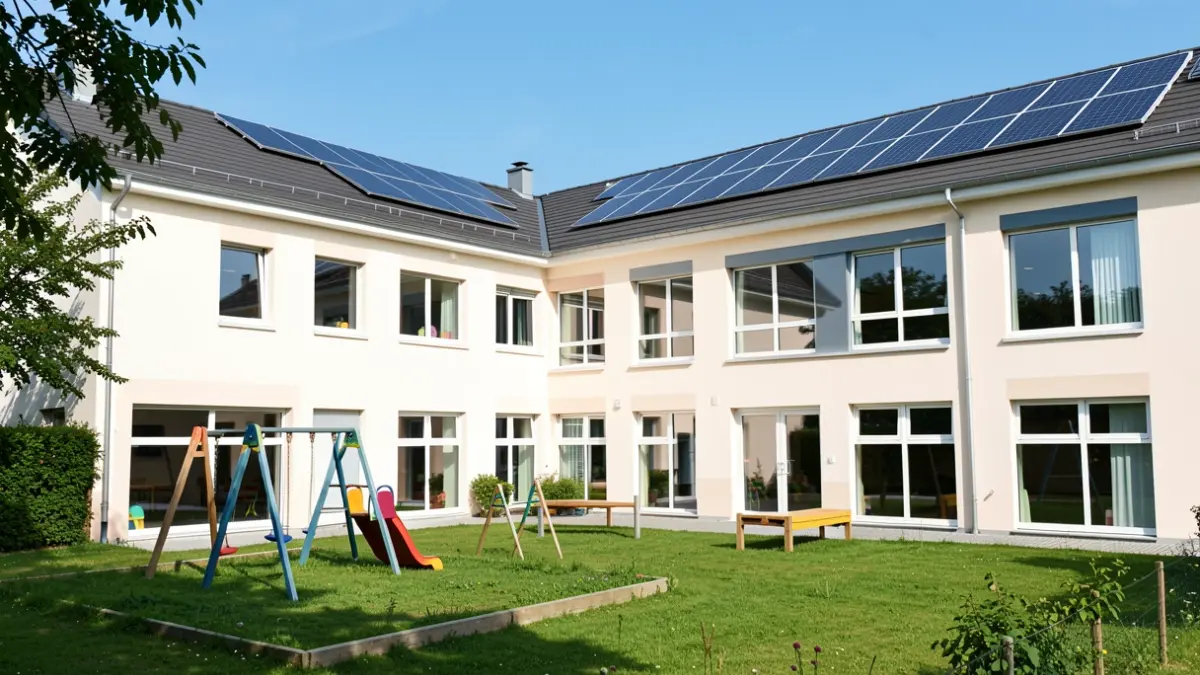 Generic image of a French kindergarten building with solar panels and modern windows.