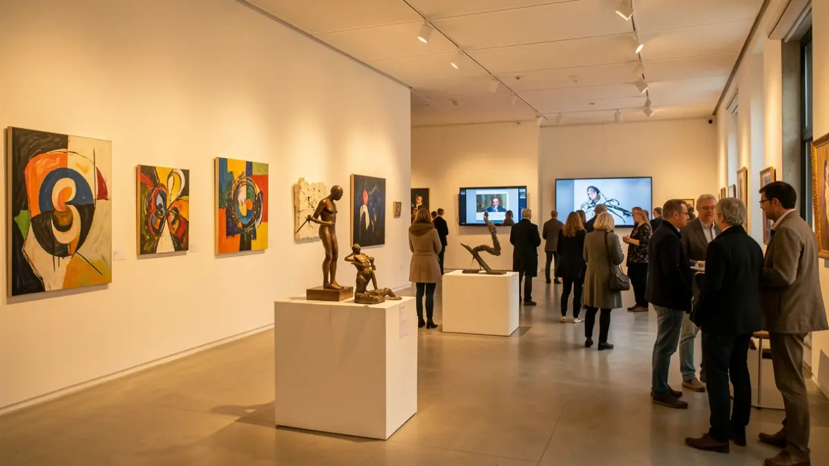 Generic image of a contemporary art exhibition with diverse artworks and a warm atmosphere.