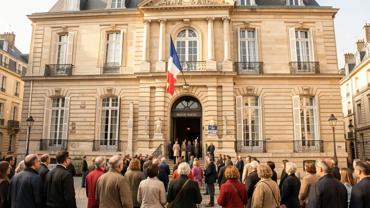Generic image of a town hall facade with a civic gathering.
