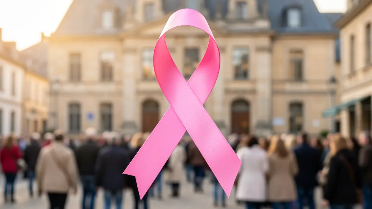 Symbole du ruban rose sur fond flou de façade d'hôtel de ville, lumière douce.