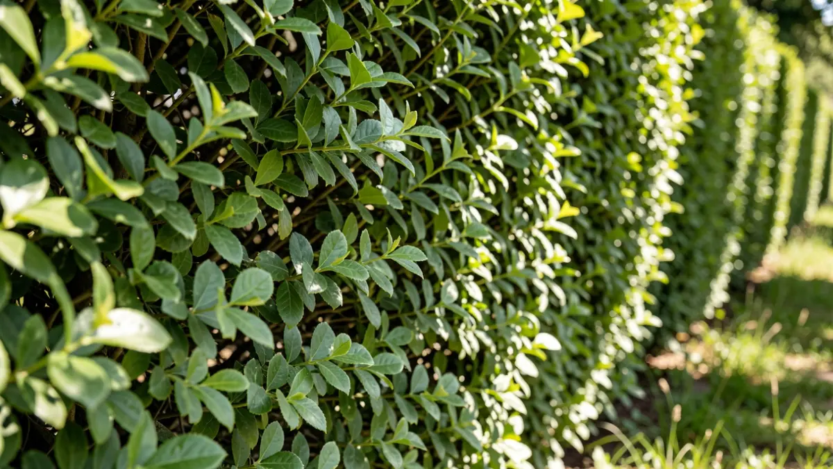 Generic image of a dense green hedge, with plays of light and shadow.