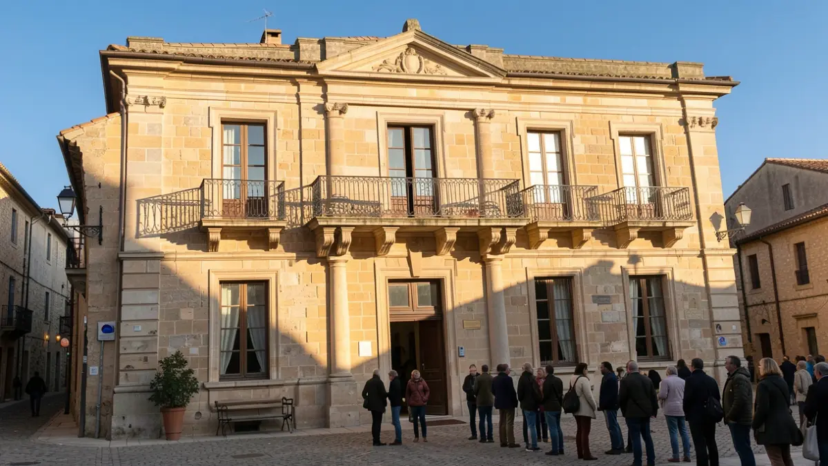 Generic image of a stone town hall facade with ornate balconies and blue sky.
