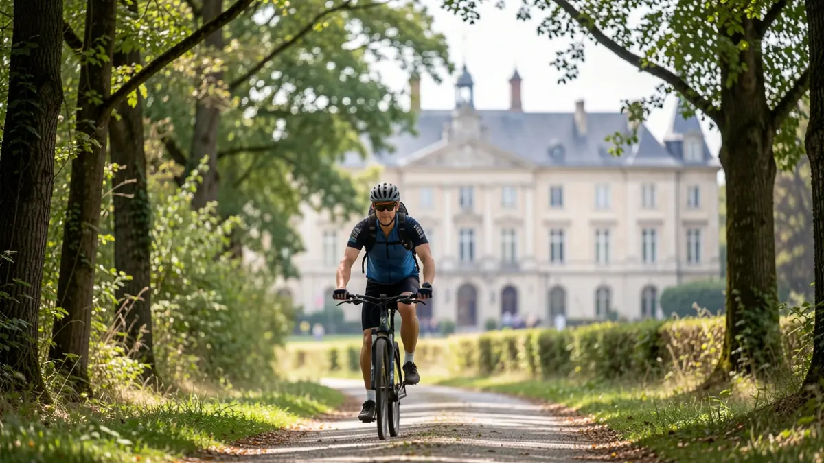 Generic image of a cyclist on a wooded path with a town hall in the background.