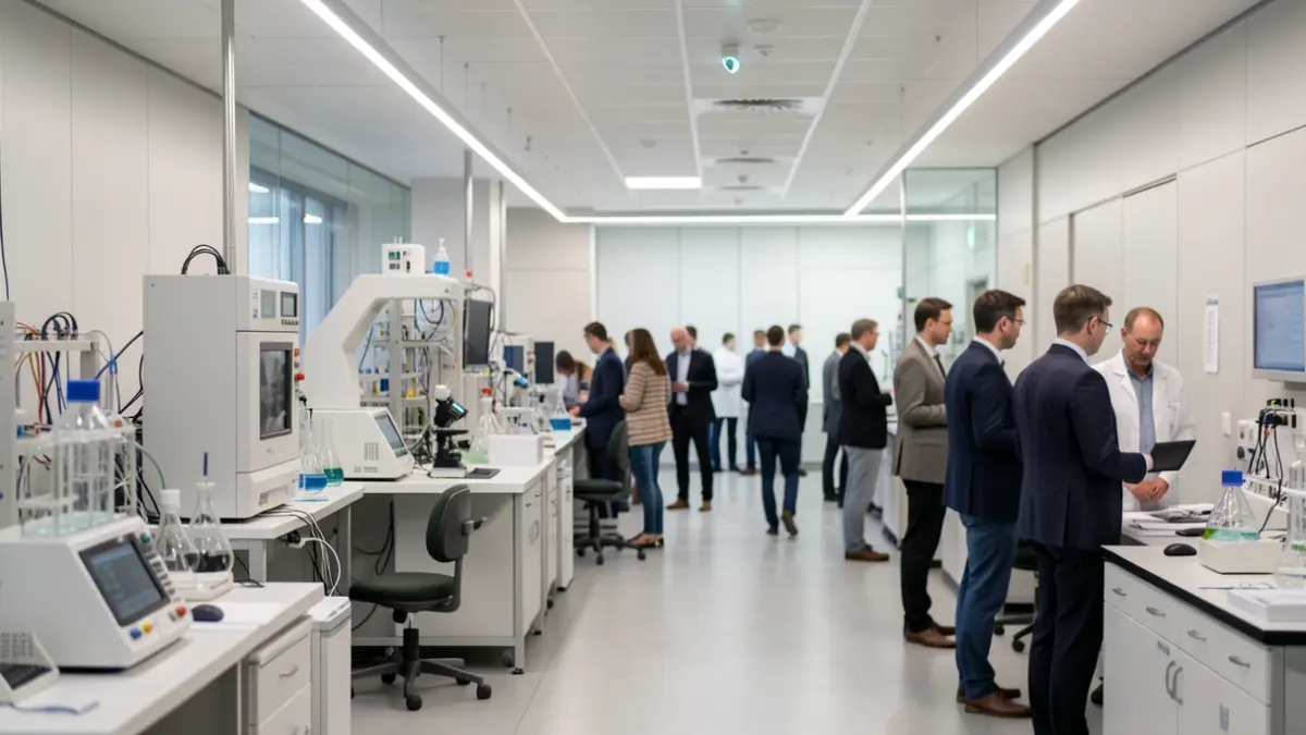 Generic image of the interior of a scientific research center with equipment and blurred people in the background.