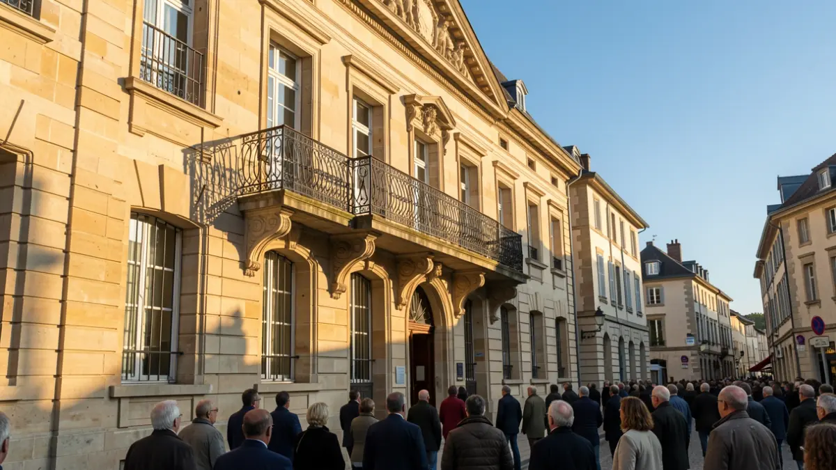 Façade en pierre d'un hôtel de ville d'Auvergne-Rhône-Alpes avec balcon orné et balustrade en fer forgé, soleil d'après-midi chaud projetant des ombres sur les murs en grès, ciel bleu.