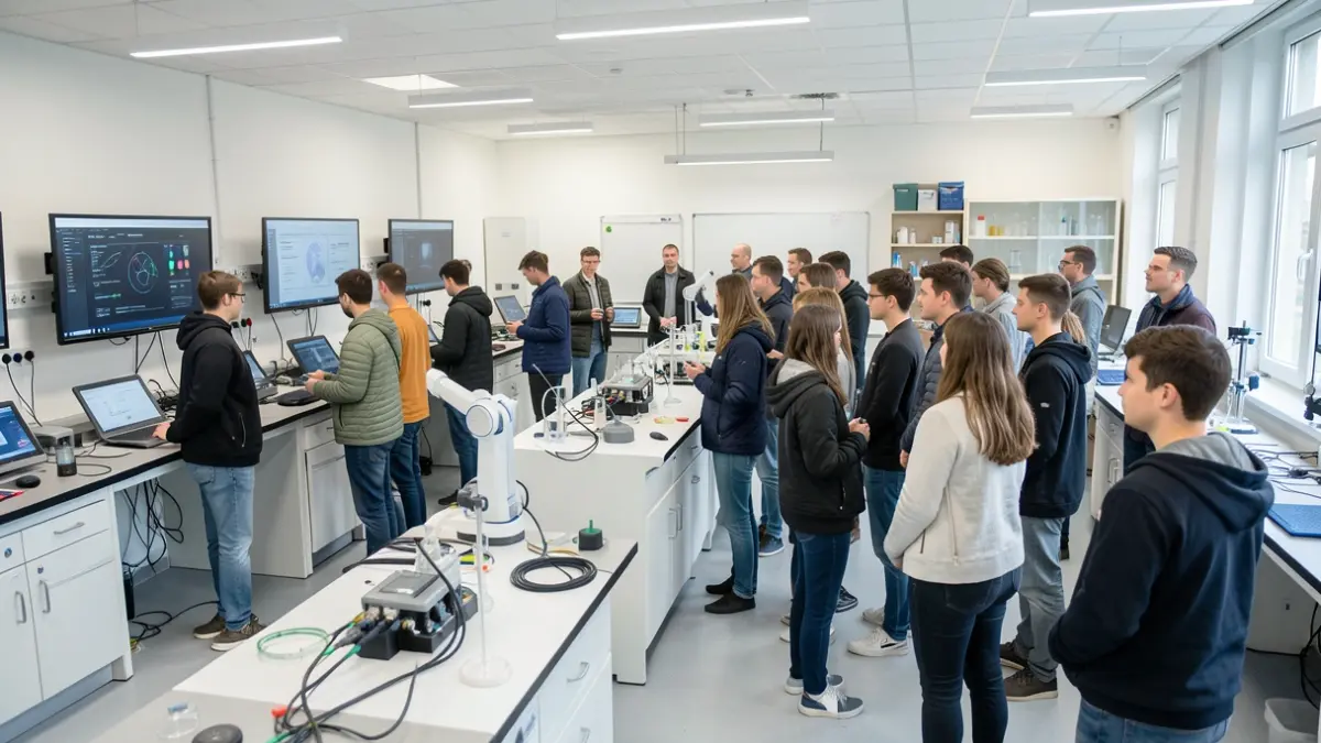Generic image of a modern science laboratory with students and interactive equipment.