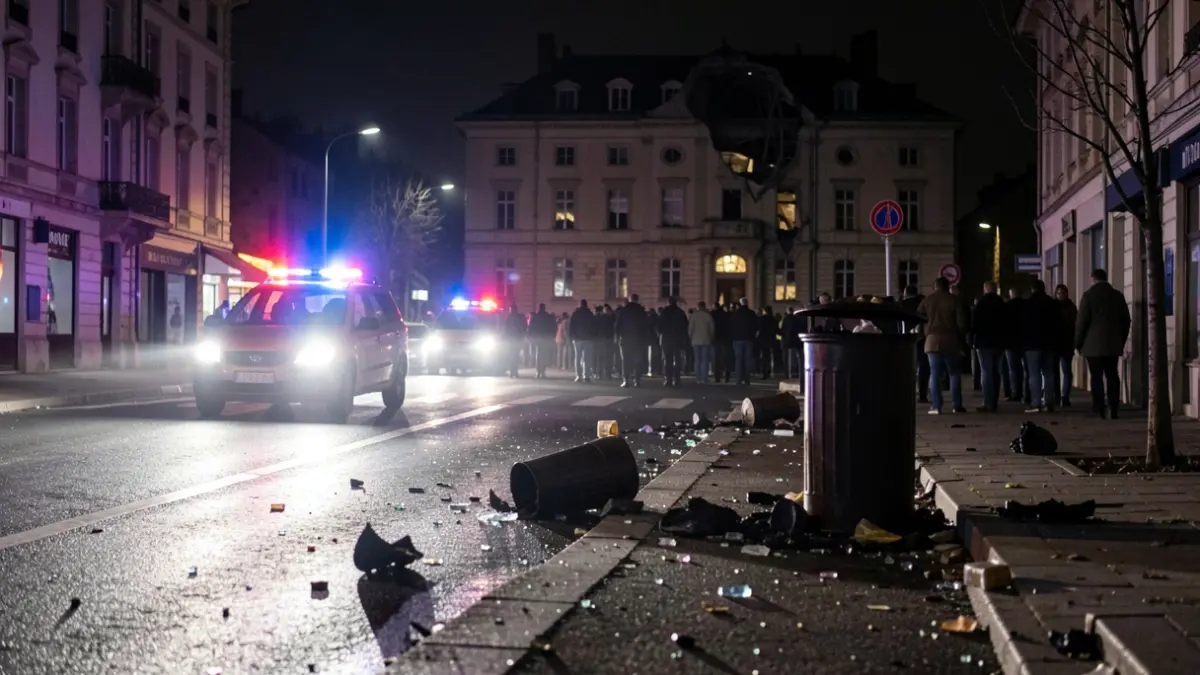 Generic image of a street in L'Isle d'Abeau at night, illuminated by blurred emergency lights on wet asphalt, with debris and a damaged public building in the background.
