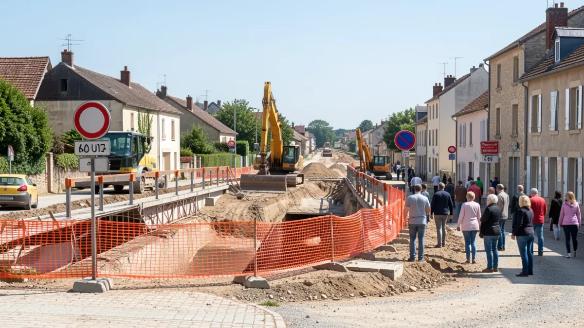 Image générique de travaux de reconstruction d'un pont avec des engins de chantier et des panneaux de déviation.