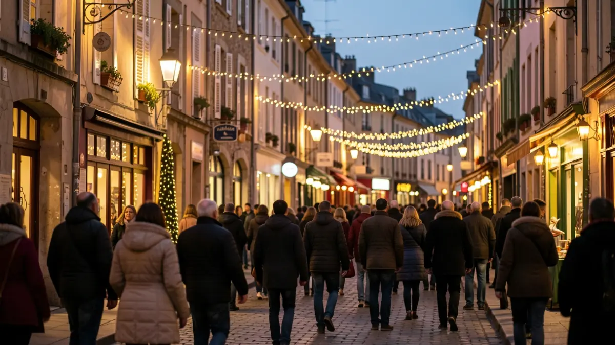 Generic image of a festive street scene in a French town at dusk, with strings of lights illuminating buildings and a blurred crowd in the background.