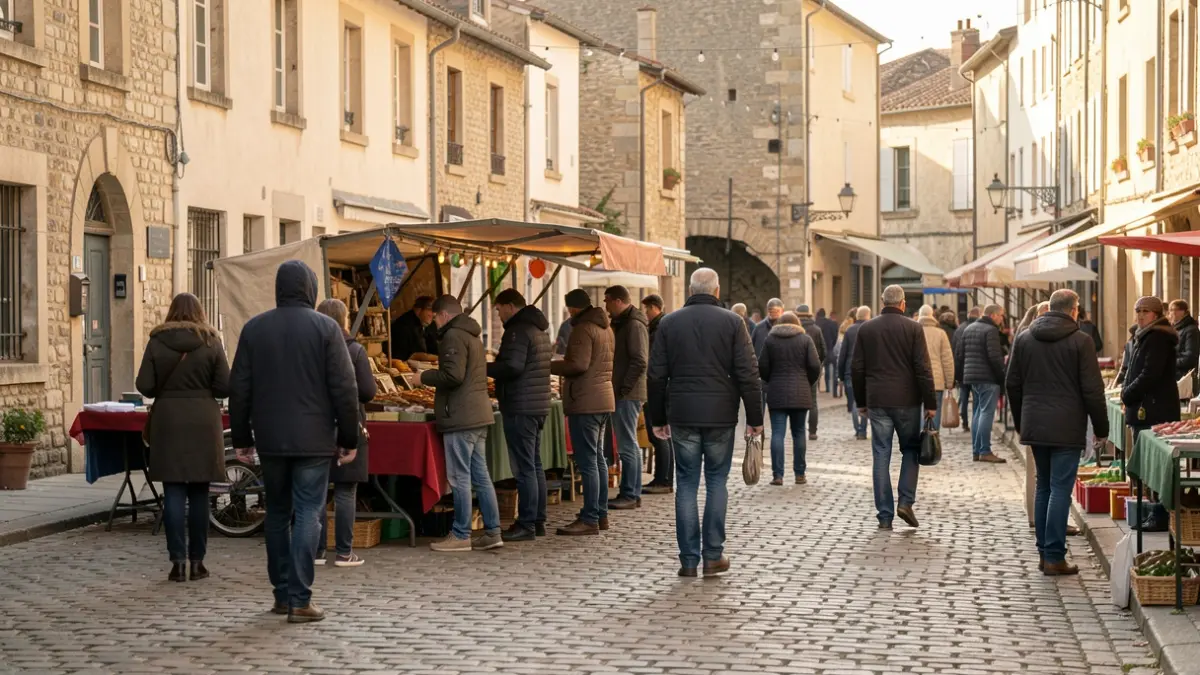 Image générique d'une place publique avec un marché et des personnes en arrière-plan.