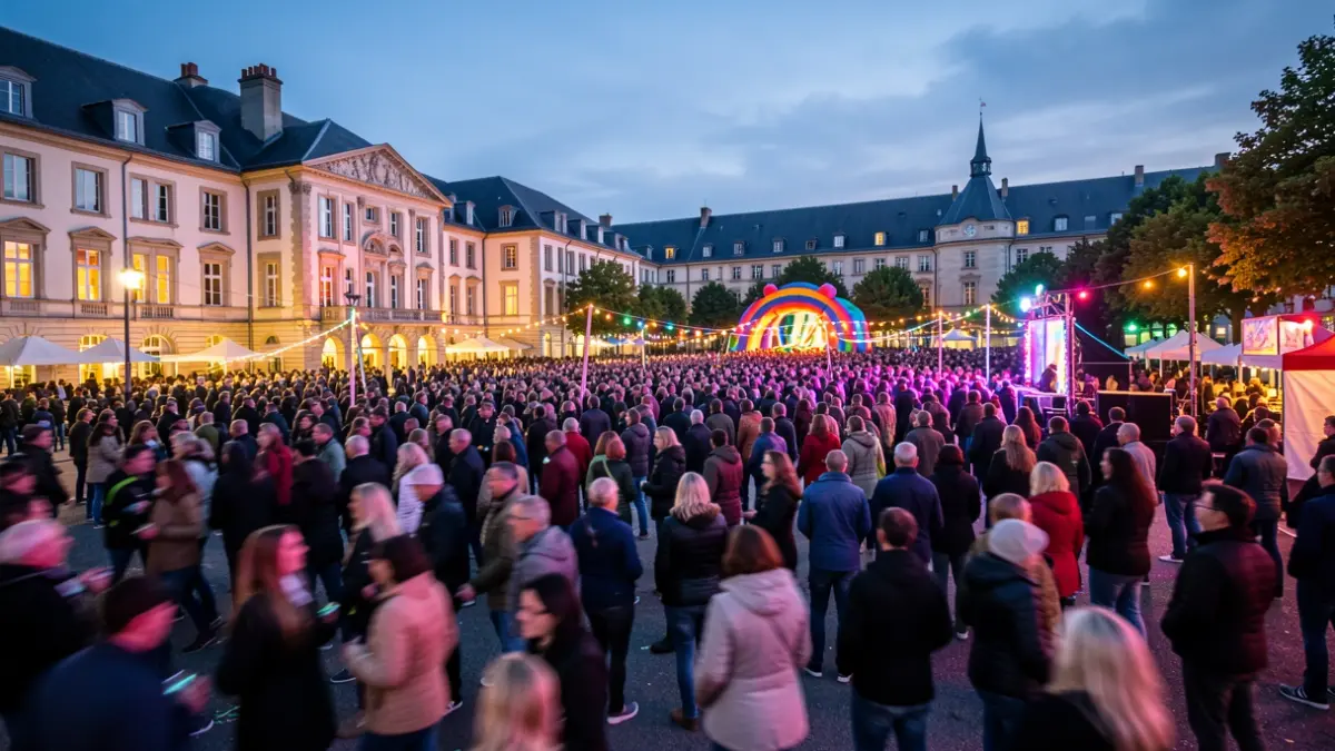 Generic image of a lively university campus during an evening celebration, with colorful lights and a blurred crowd.