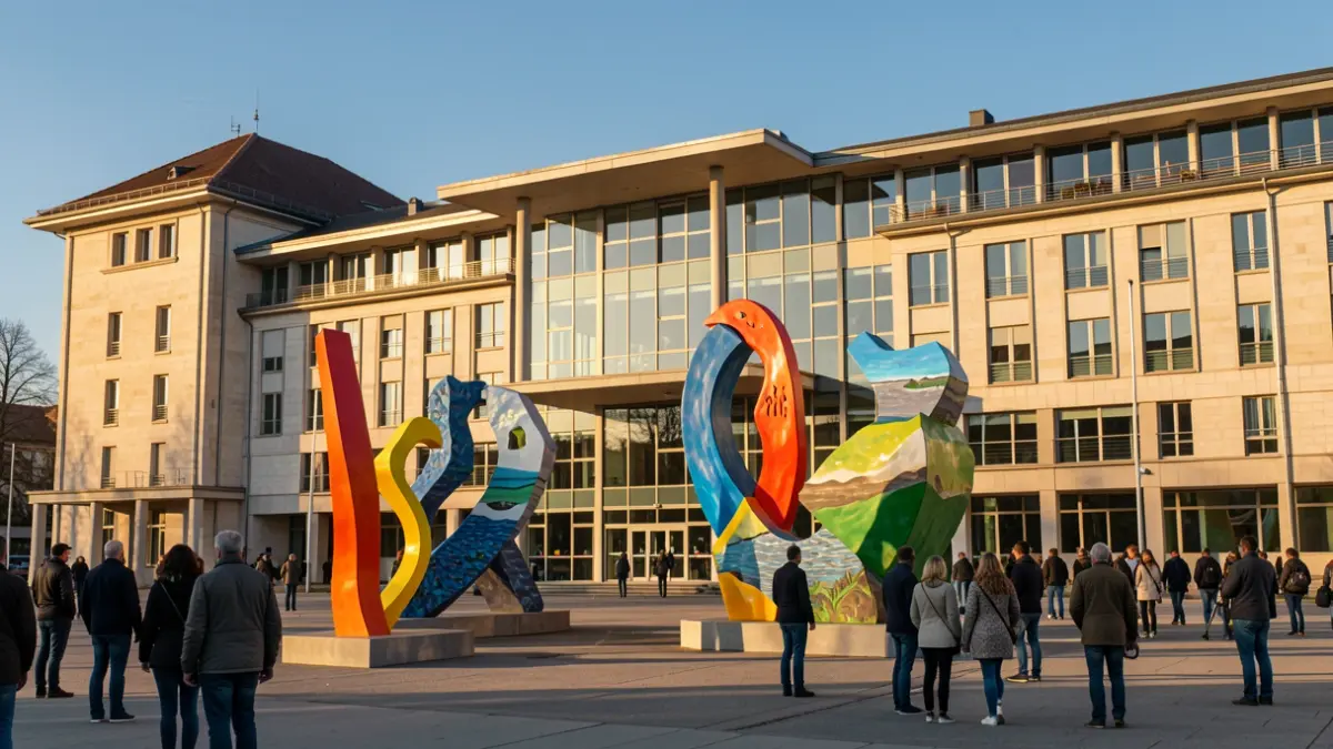 Facade of a university building in Grenoble with contemporary art sculptures.