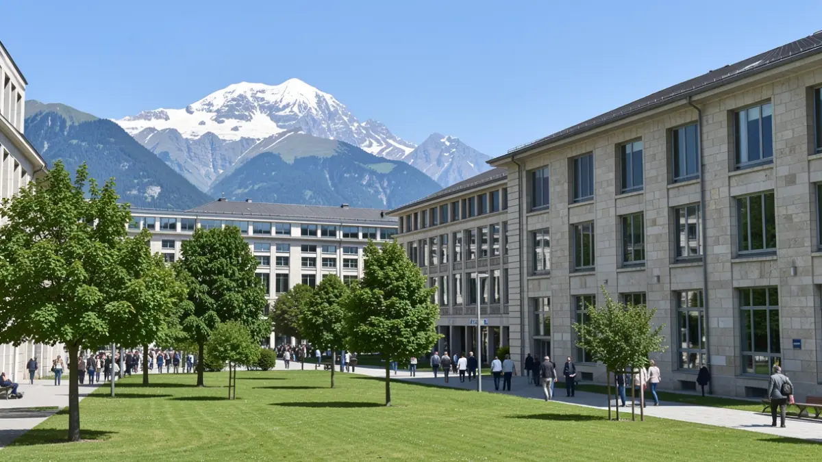 Generic image of modern university buildings with green spaces and mountains in the background, clear blue sky, bright daylight.
