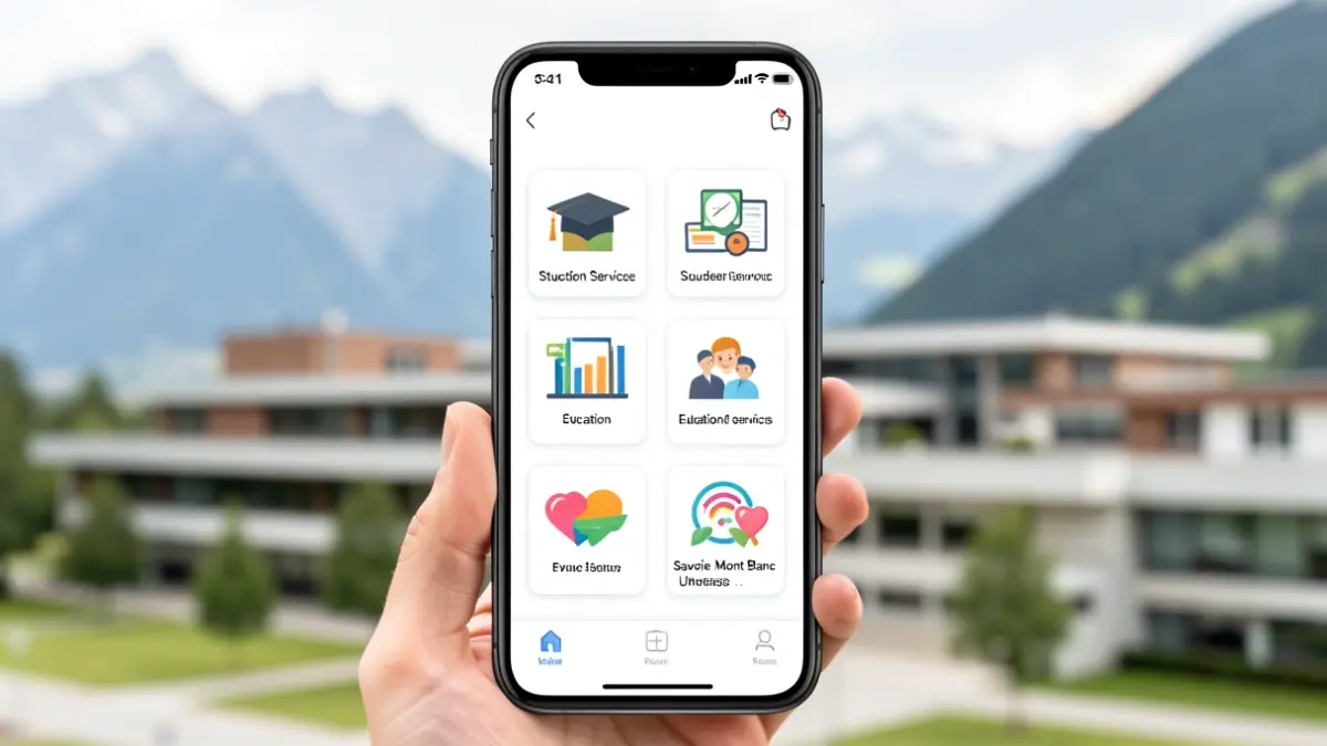 Student portal interface of the University Savoie Mont Blanc on a smartphone, with a view of the campus.