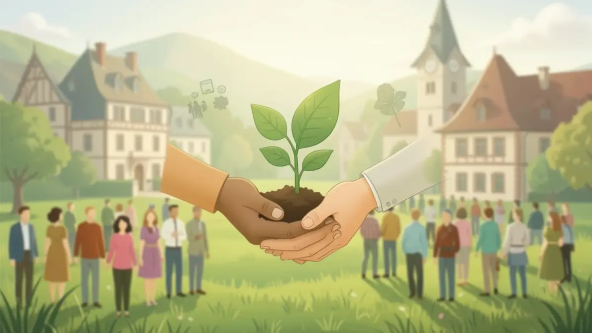 Generic image representing collective environmental action, featuring community symbols and a stylized regional landscape.
