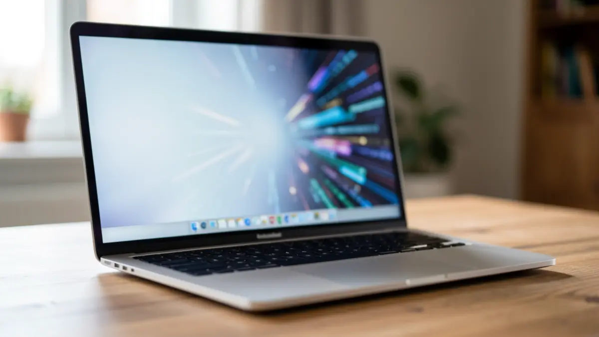 Generic image of a modern laptop on a wooden desk, with a blurred screen displaying abstract digital patterns.