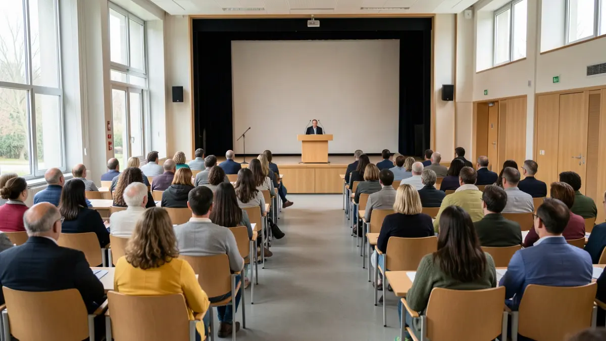 Generic image of an empty university lecture hall with seats and a podium.