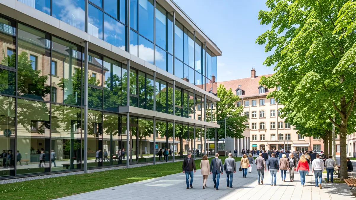 Generic image of a modern university building facade with trees and a blue sky.