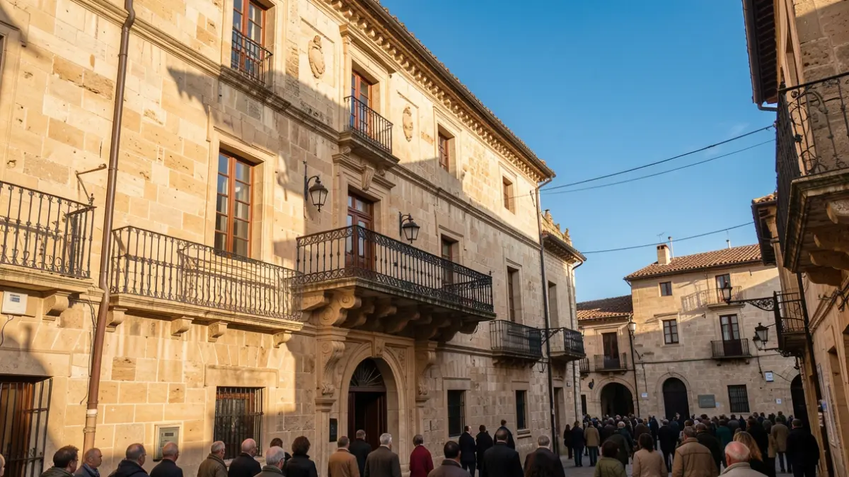 Generic image of a stone town hall facade with ornate balcony and iron railings, warm afternoon sunlight casting shadows on the sandstone walls, blue sky.