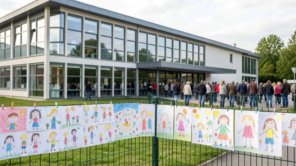 Exterior view of a modern school in Lyon, with children's drawings displayed.