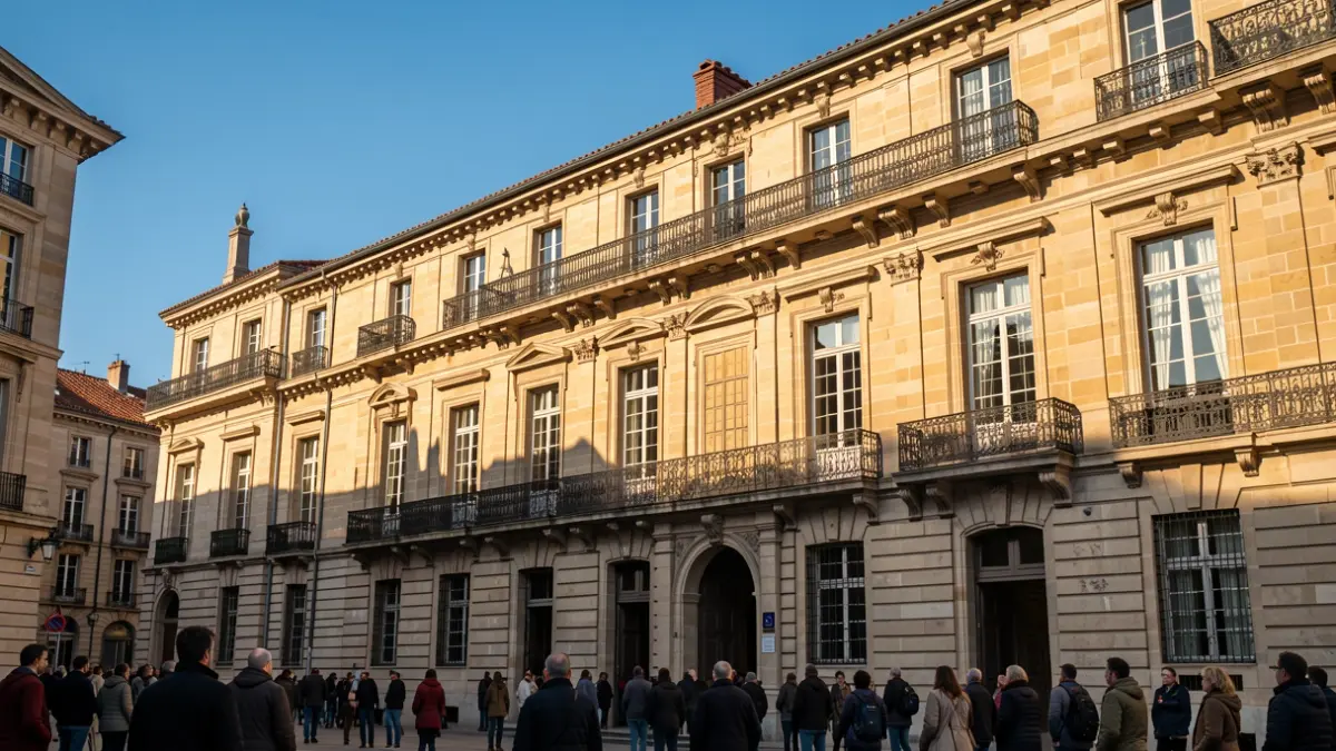 Generic image of a stone town hall facade in Lyon, France, with ornate balconies and iron railings, bathed in the warm glow of late afternoon sunlight.