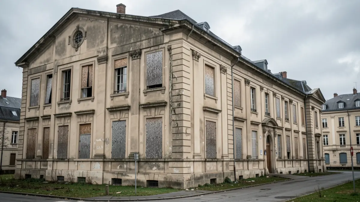 Generic image of a vacant former boarding school building in Lyon, France, with boarded-up windows and a sense of disuse.