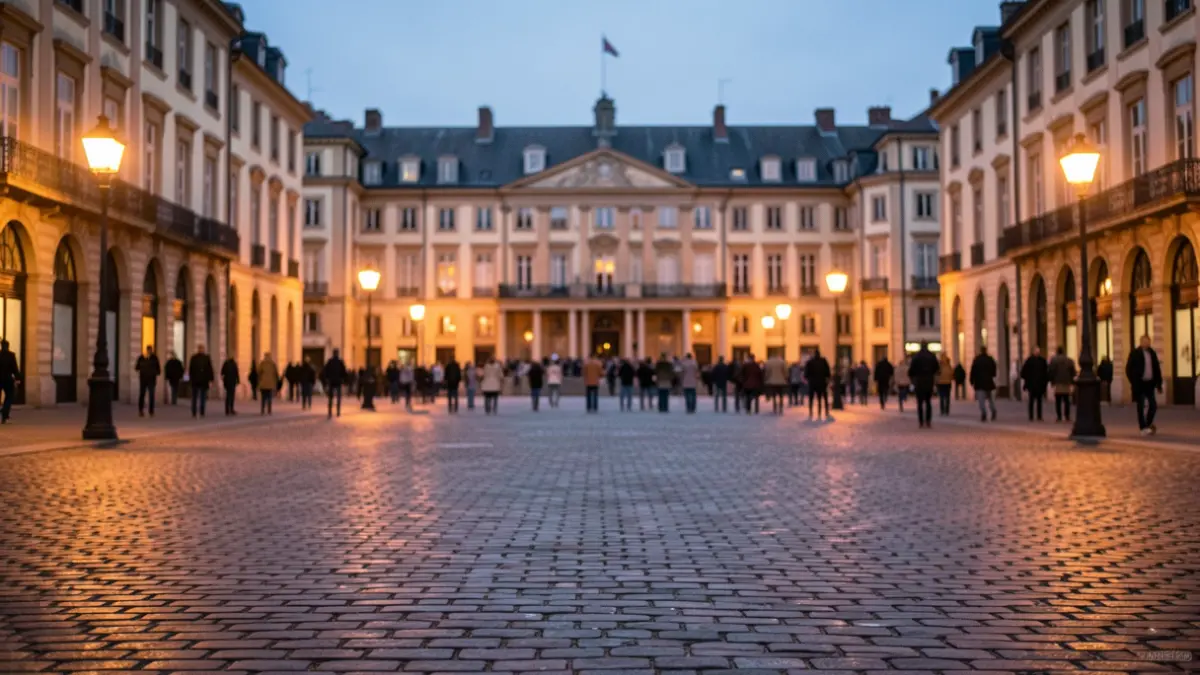 Image générique d'une place de ville déserte au crépuscule, avec des lampadaires chauds éclairant le pavé et des façades floues en arrière-plan.