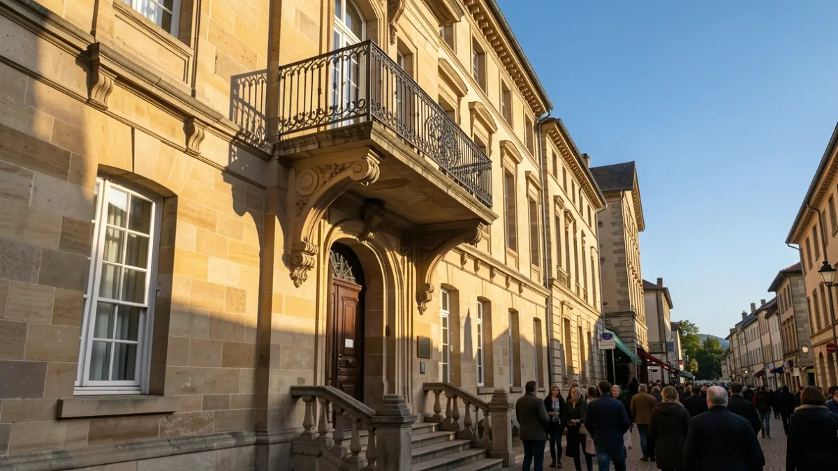 Image générique de la façade d'un hôtel de ville en pierre avec balcon orné et balustrade en fer forgé, lumière chaude de l'après-midi, ciel bleu.