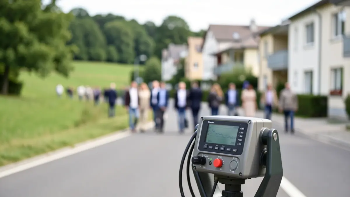 Generic image of acoustic measurement equipment near a road and residences.