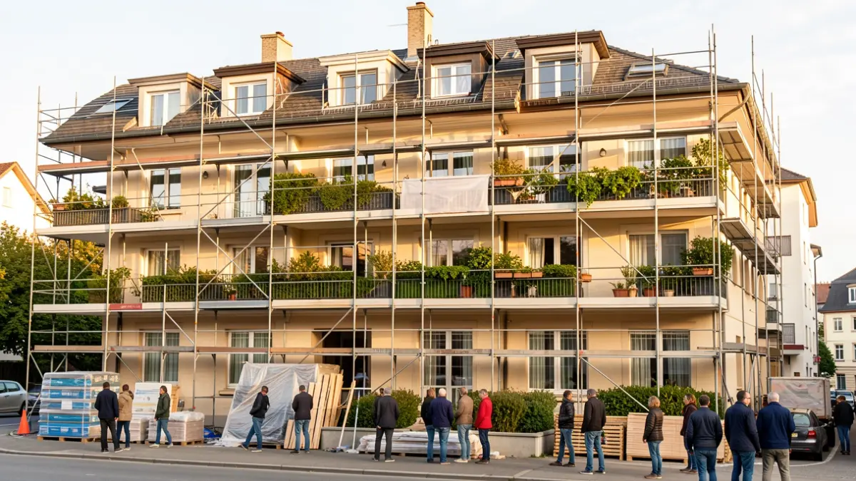 Generic image of a residential building facade undergoing renovation with scaffolding and green spaces.