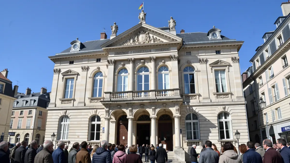 Generic image of a French town hall facade with a balcony and architectural details, under a blue sky.