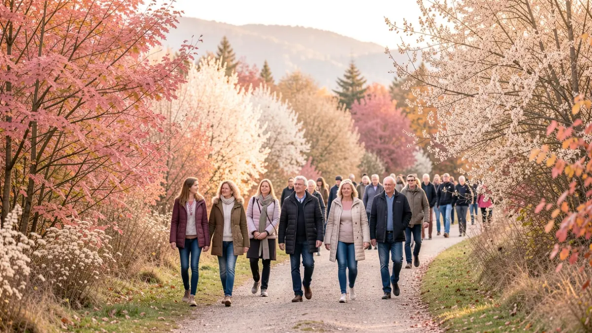 Image générique de marcheurs solidaires en automne.