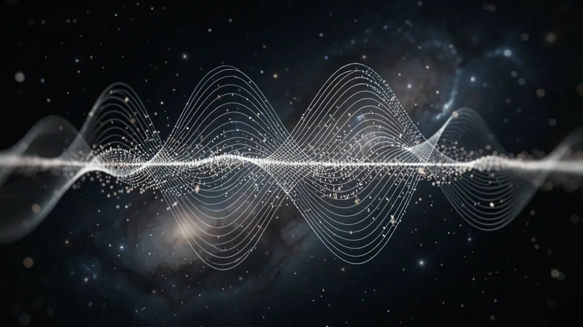 Generic image representing quantum mechanics concepts, with abstract waves and particles against a cosmic background.