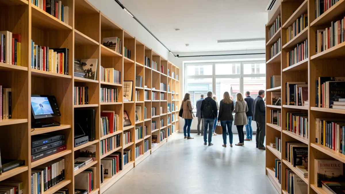 Interior of a municipal media library in Saint-Étienne, France, with shelves filled with books and digital spaces.