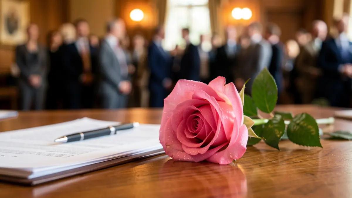 Close-up of a single pink rose with dew drops, resting on a wooden desk next to a blurred official document and a pen, warm indoor lighting, shallow depth of field. The scene should evoke support and tenderness.