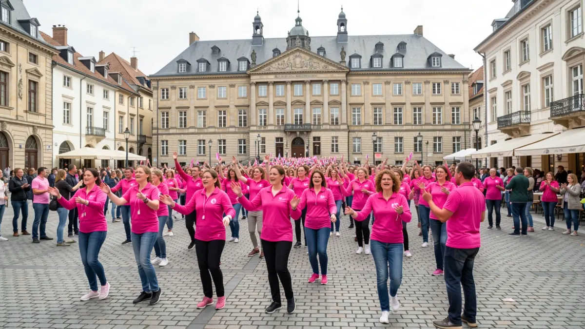 Image générique: avec des participants en tenue rose devant un bâtiment municipal.