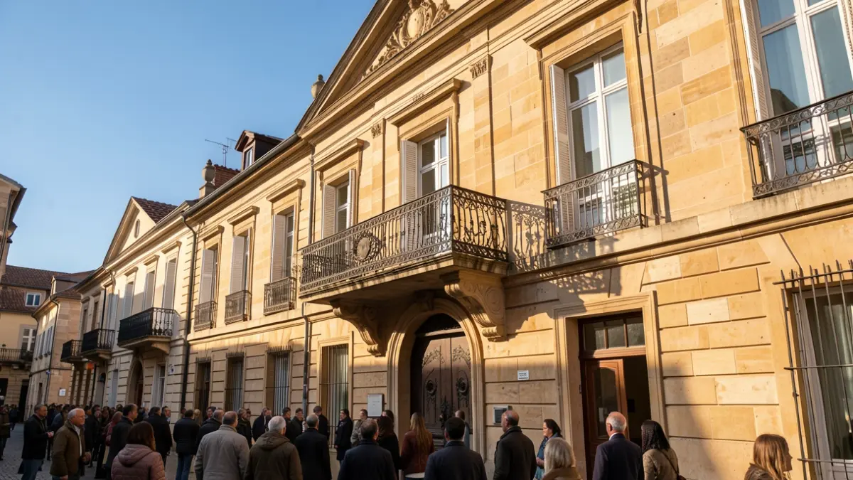 Image générique de la façade d'une mairie avec balcon orné et balustrade en fer forgé, sous un soleil d'après-midi chaud projetant des ombres sur les murs en grès, ciel bleu.