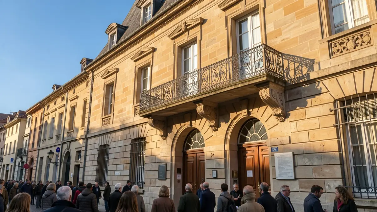 Image générique de la façade d'une mairie en pierre avec balcon orné et balustrade en fer forgé, sous un soleil d'après-midi.