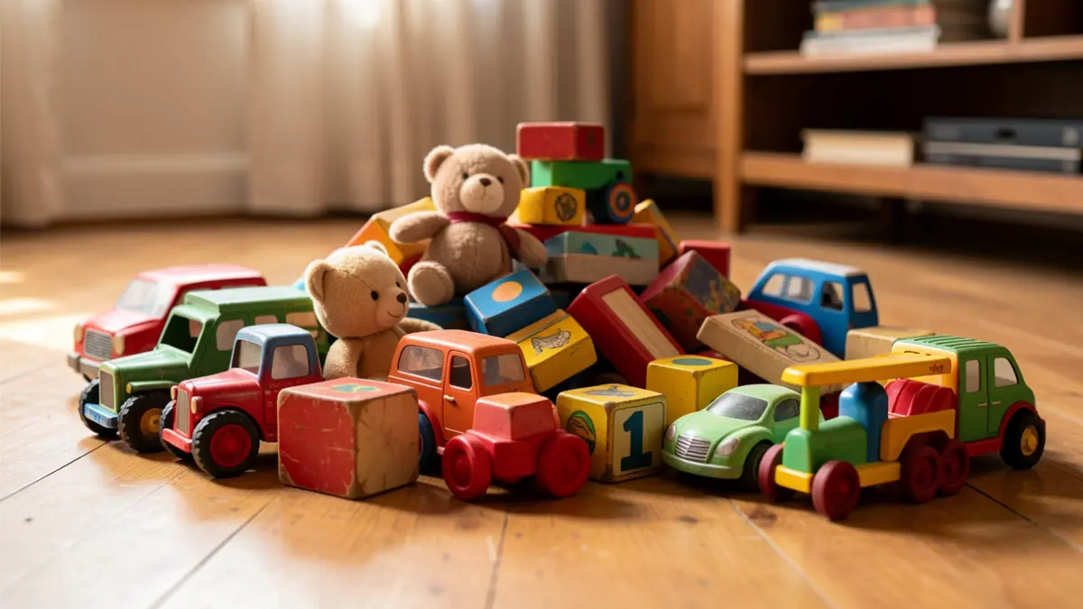 Image générique de jouets colorés empilés sur un sol en bois, dans une ambiance chaleureuse.