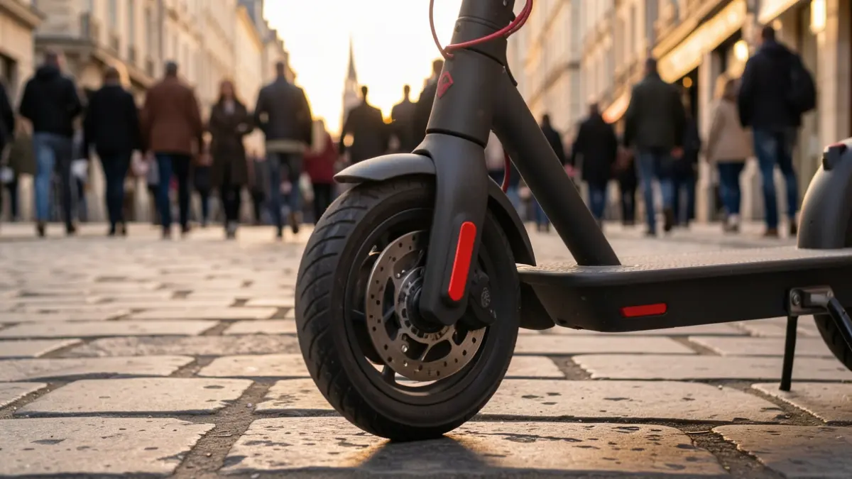 Image générique d'une roue de trottinette électrique garée sur un trottoir en pierre, lumière du soir.