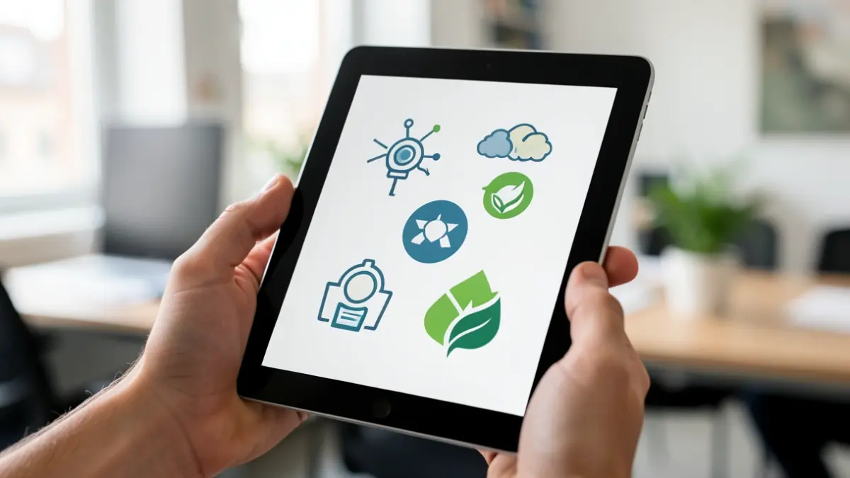 Generic image of a tablet displaying ethical and eco-responsible AI symbols.